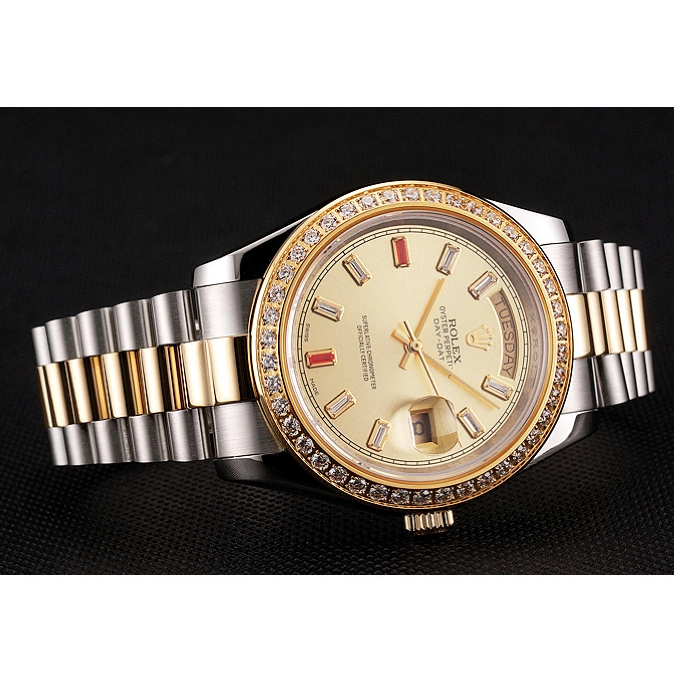 AAA Replica Watches Swiss Dial Diamonds Bracelet And 1454104 Tone Two Rubies Rolex Champagne Day-Date 0517